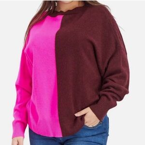 NWOT AQUA 100% cashmere color block hot pink & dark raisin sweater